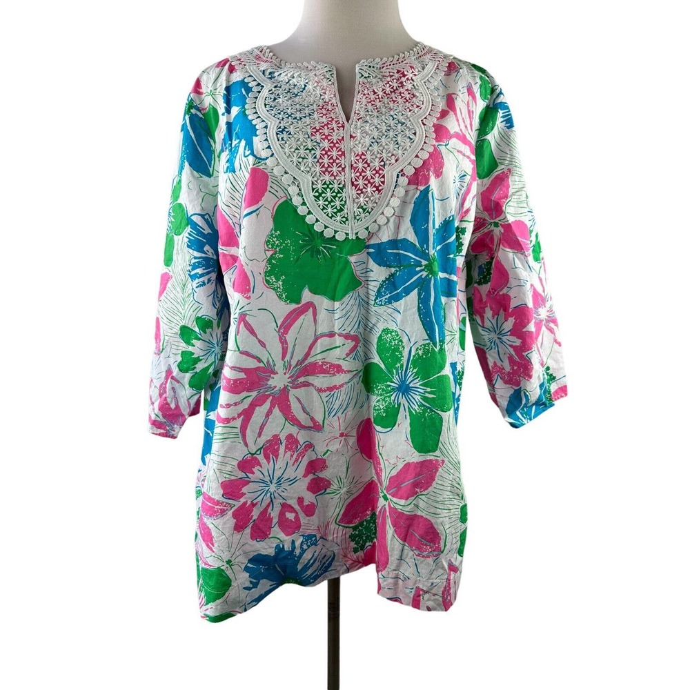 Talbots Lace Bib Tunic - Anguilla Floral Popover Split Neck Top Plus Size 3X - Picture 10 of 11
